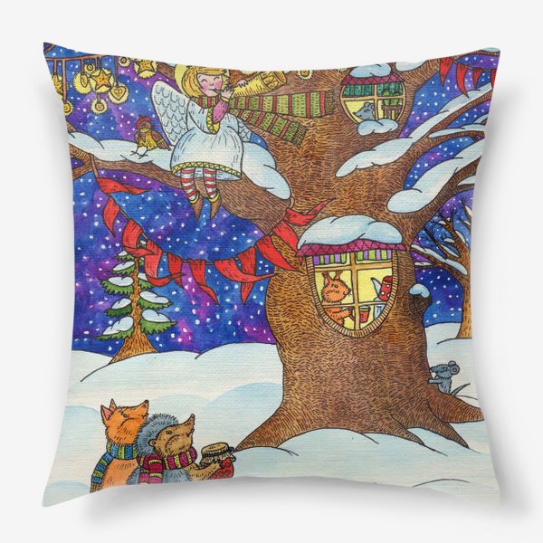 Подушка «Ежик и лисенок в сказочном лесу в рождественскую ночь»