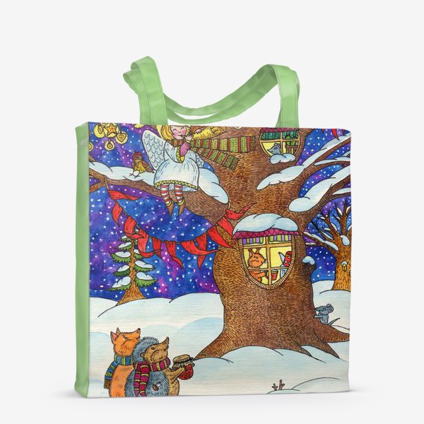 Сумка-шоппер «Ежик и лисенок в сказочном лесу в рождественскую ночь»