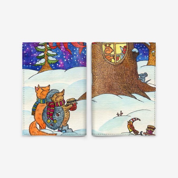 Обложка для паспорта «Ежик и лисенок в сказочном лесу в рождественскую ночь»