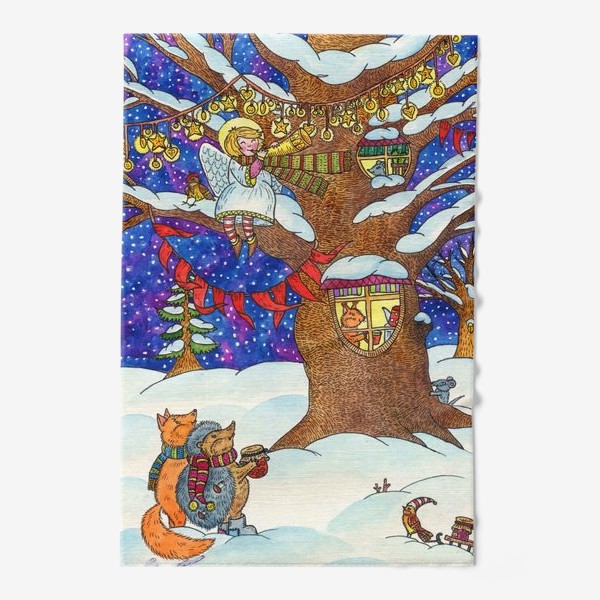 Полотенце «Ежик и лисенок в сказочном лесу в рождественскую ночь»
