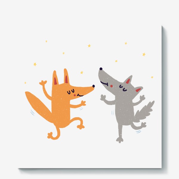 Холст «Веселые лиса и волк танцуют»
