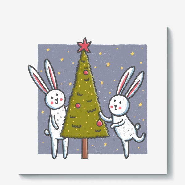 Холст &laquo;Милые зайцы наряжают елку. Новый год&raquo;