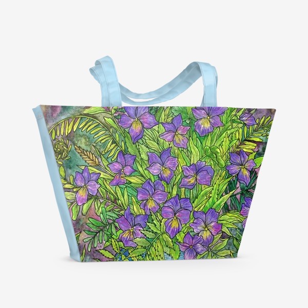 Пляжная сумка «Лесная сказка фиалки, папоротник и грибы»