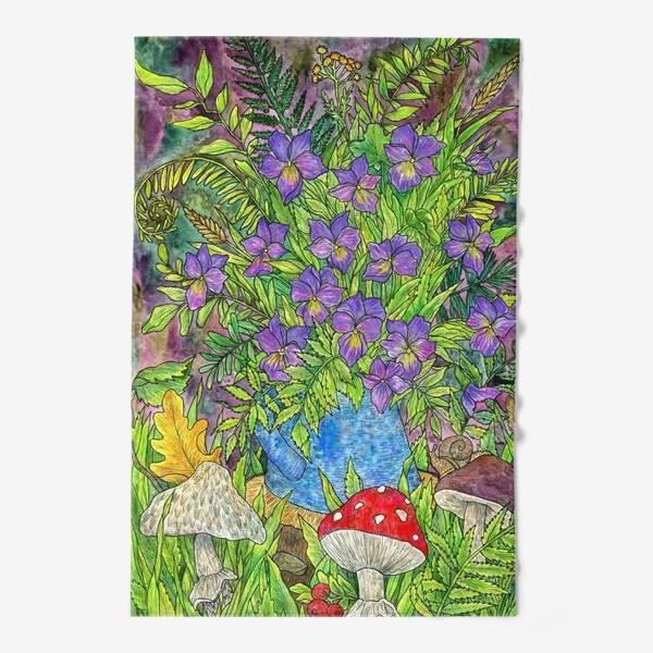 Полотенце «Лесная сказка фиалки, папоротник и грибы»