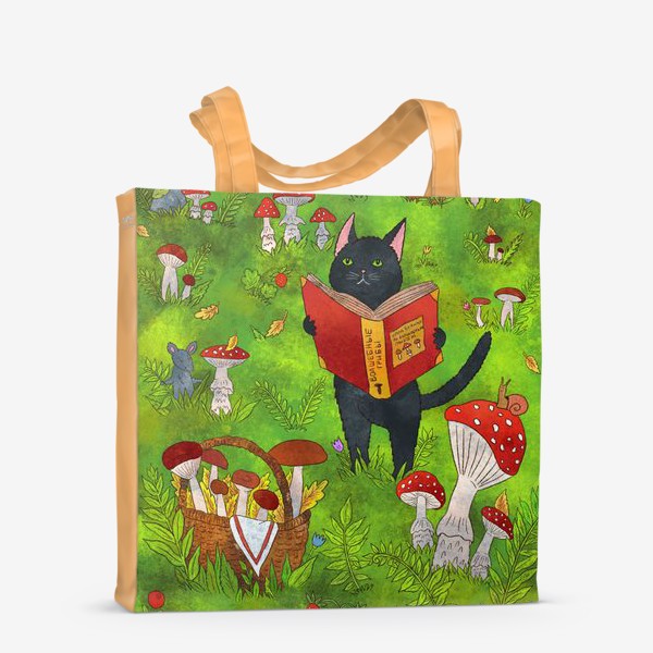 Сумка-шоппер «Черный кот и грибы в сказочном лесу»
