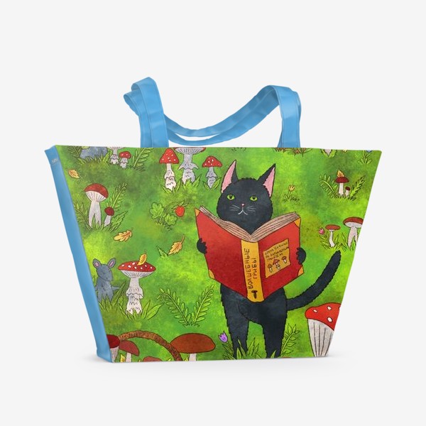 Пляжная сумка &laquo;Черный кот и грибы в сказочном лесу&raquo;