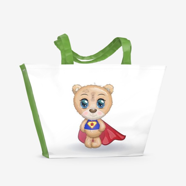 Пляжная сумка «Мишка супер-герой в плаще летит на помощь»