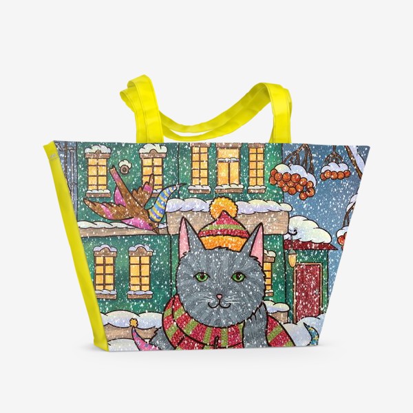 Пляжная сумка «Милый кот и птицы»