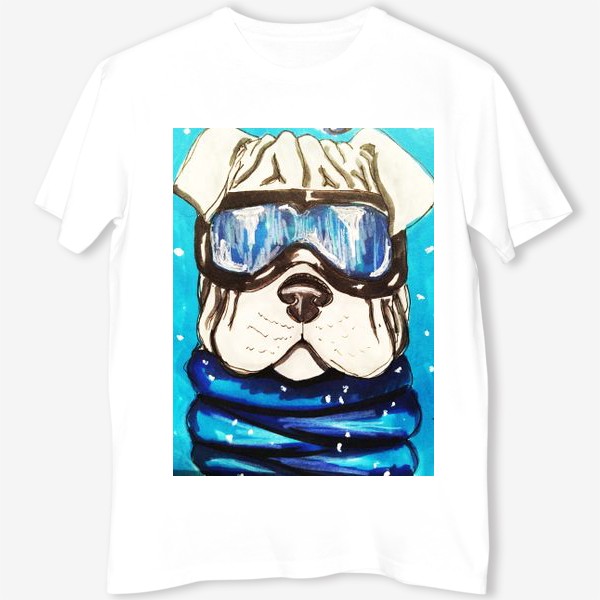 Футболка «Собака в лыжных очках на синем фоне»