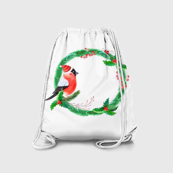 Рюкзак «Венок со снегирем,еловыми ветками и красными ягодами.»