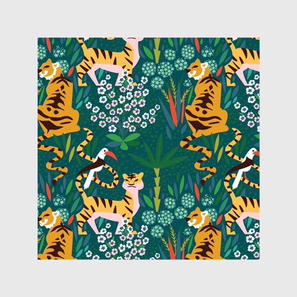 Шторы «Гуляющие по цветущему лесу тигры и попугай»