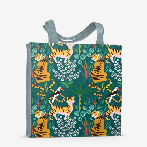 Сумка-шоппер «Гуляющие по цветущему лесу тигры и попугай»