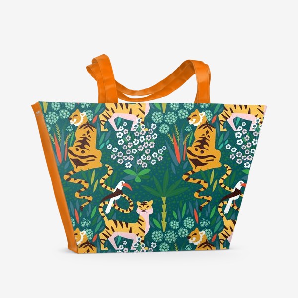Пляжная сумка «Гуляющие по цветущему лесу тигры и попугай»