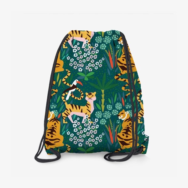 Рюкзак «Гуляющие по цветущему лесу тигры и попугай»