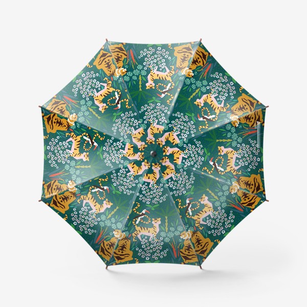 Зонт «Гуляющие по цветущему лесу тигры и попугай»