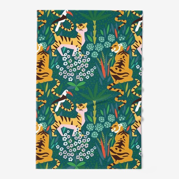 Полотенце «Гуляющие по цветущему лесу тигры и попугай»