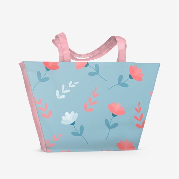 Пляжная сумка «Листики и цветочки на голубом фоне»
