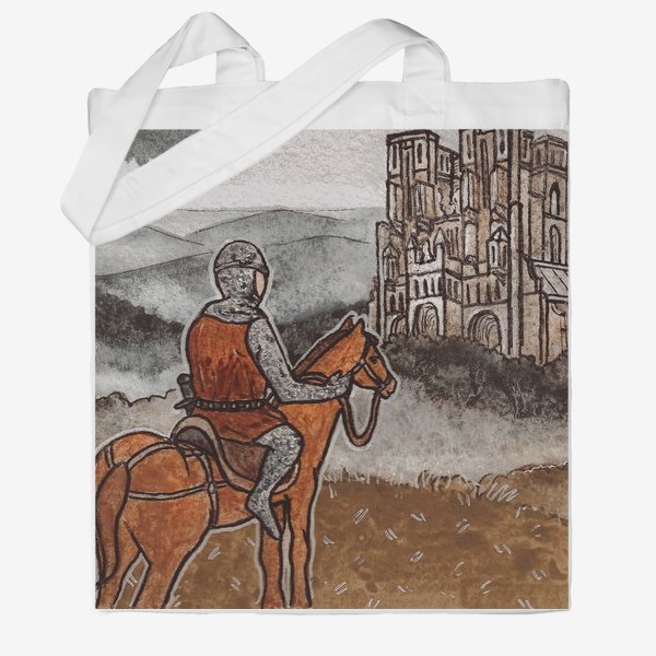 Сумка хб «Французский замок и рыцарь на закате, в средневековом стиле, акварель»