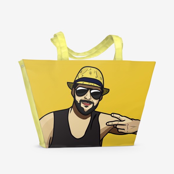 Пляжная сумка «Путешественник на жёлтом фоне, турист в солнечных очках, надпись - всегда путешествуй! Ver. 2»