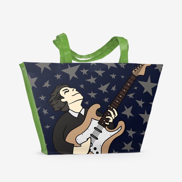 Пляжная сумка &laquo;Гитарист с упоением играет соло - портрет парня, рисунок на синем фоне&raquo;