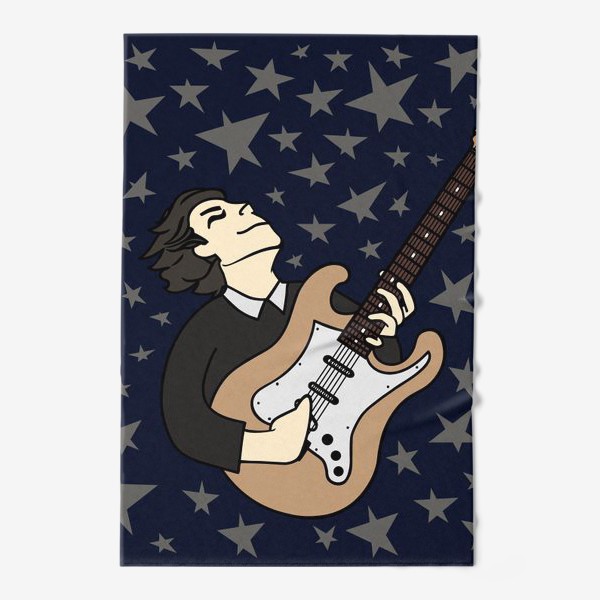 Полотенце «Гитарист с упоением играет соло - портрет парня, рисунок на синем фоне»
