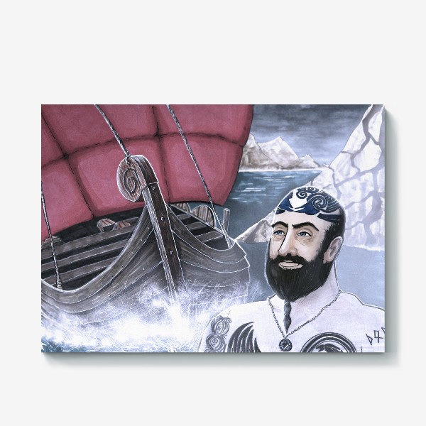 Холст «Викинг и драккар. Корабль викинга в море. Иллюстрация маркерами. Лодка океан викинги история реконструкция сериал фильм»