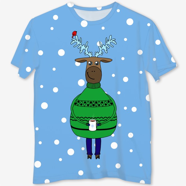 Футболка с полной запечаткой «Олень в свитере, с кружкой чая. Новогодний пейзаж. »