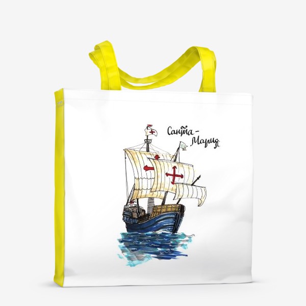 Сумка-шоппер «Корабль Колумба - Санта Мария. Рисунок скетч. Иллюстрация на белом фоне. Морская тема. Старинные корабли»