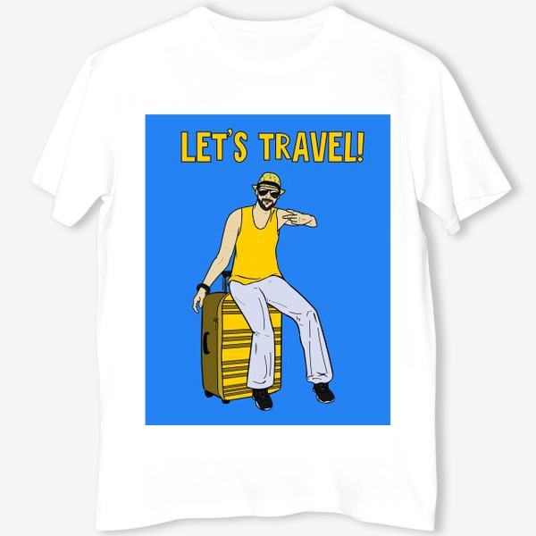 Футболка «Let's travel! Надпись: Давай путешествовать! Солнце лето турист море пляж яркий синий жёлтый цвет скетч иллюстрация»