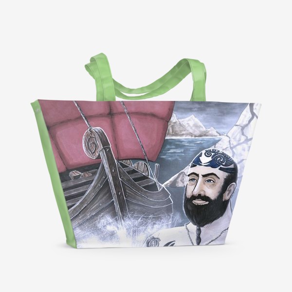 Пляжная сумка «Викинг и драккар. Корабль викинга в море. Иллюстрация маркерами. Лодка океан викинги история реконструкция сериал фильм»