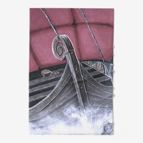 Полотенце «Викинг и драккар. Корабль викинга в море. Иллюстрация маркерами. Лодка океан викинги история реконструкция сериал фильм»