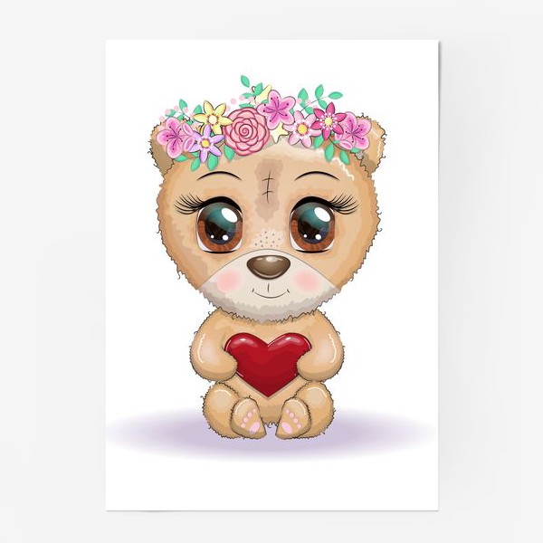 Постер «Мишка с сердечком в веночке, 14 февраля»