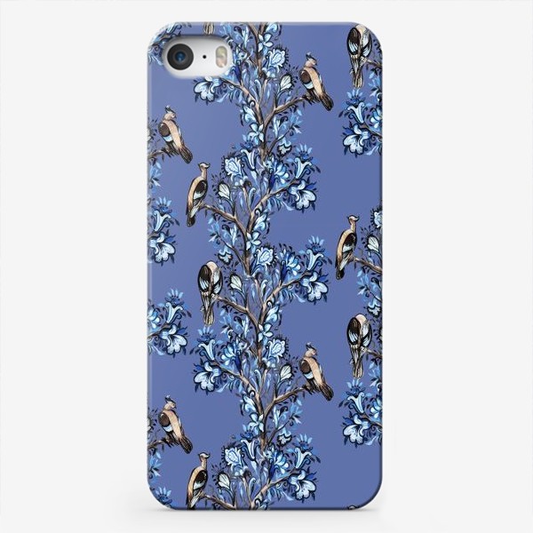 Чехол iPhone «Сойки в зимнем лесу на синем»