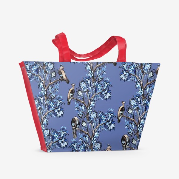 Пляжная сумка «Сойки в зимнем лесу на синем»