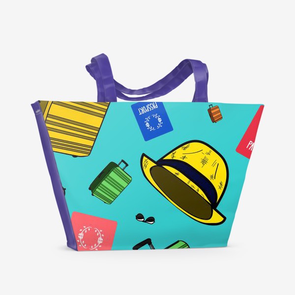 Пляжная сумка «Паттерн с предметами первой необходимости в путешествии. Яркий бирюзовый фон. В путешествие! Туризм отдых море пляж»