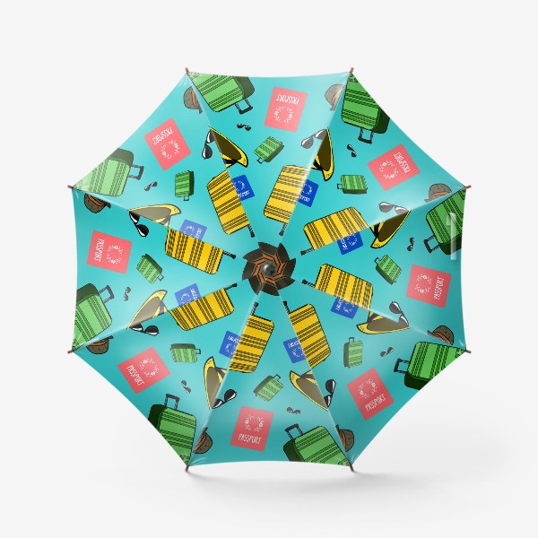 Зонт «Паттерн с предметами первой необходимости в путешествии. Яркий бирюзовый фон. В путешествие! Туризм отдых море пляж»