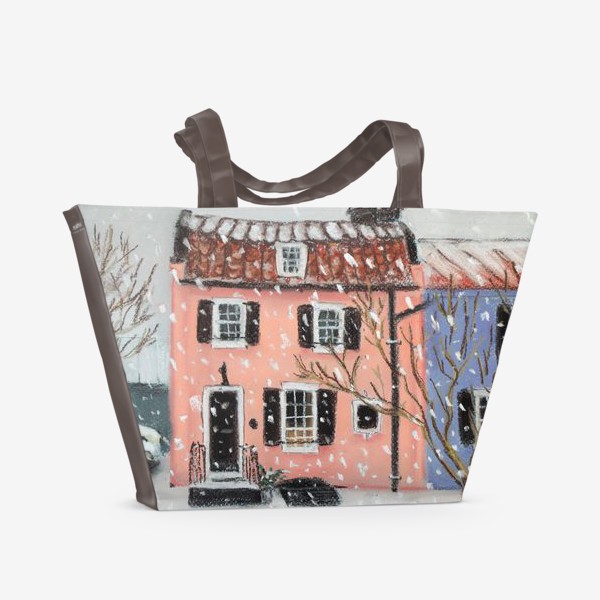 Пляжная сумка «Розовый дом Архитектура Зимний городской пейзаж»