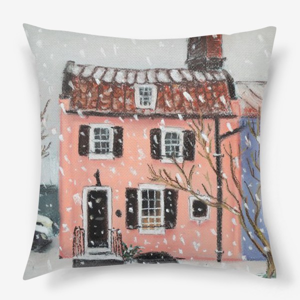 Подушка «Розовый дом Архитектура Зимний городской пейзаж»