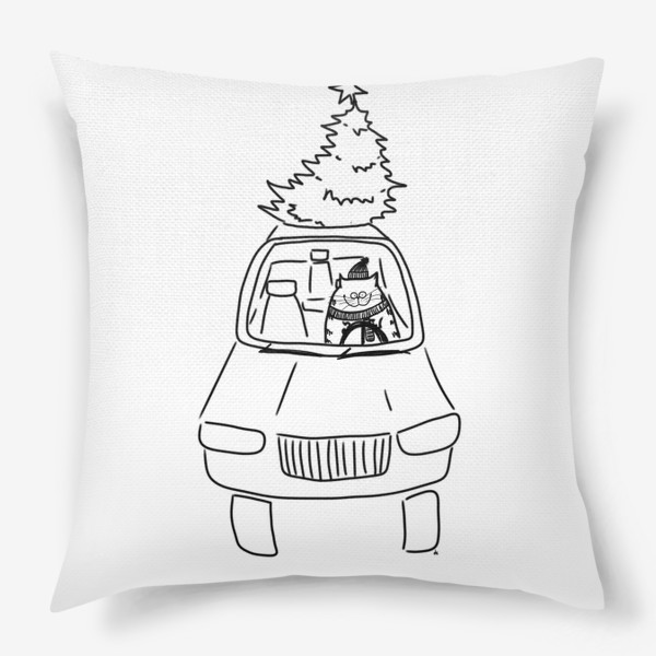 Подушка «Кот в машине с новогодней елкой »