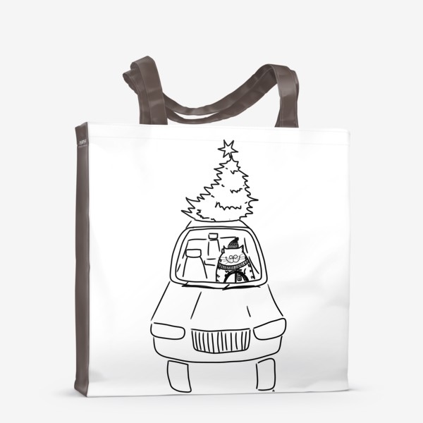 Сумка-шоппер «Кот в машине с новогодней елкой »