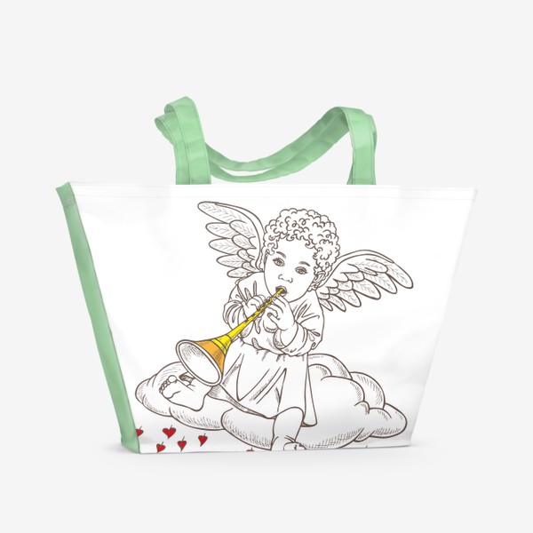 Пляжная сумка «Ангел сидит на облаке с флейтой»