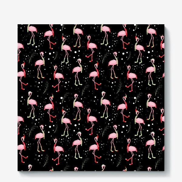 Холст &laquo;Новогодние розовые фламинго на черном фоне&raquo;