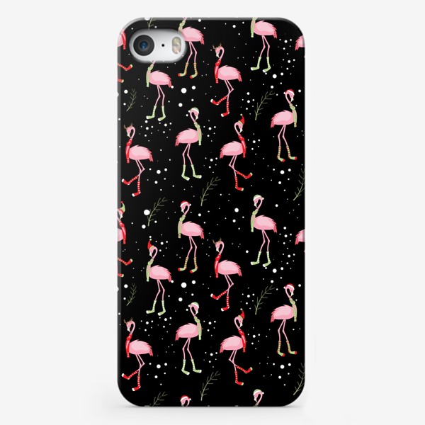 Чехол iPhone «Новогодние розовые фламинго на черном фоне»