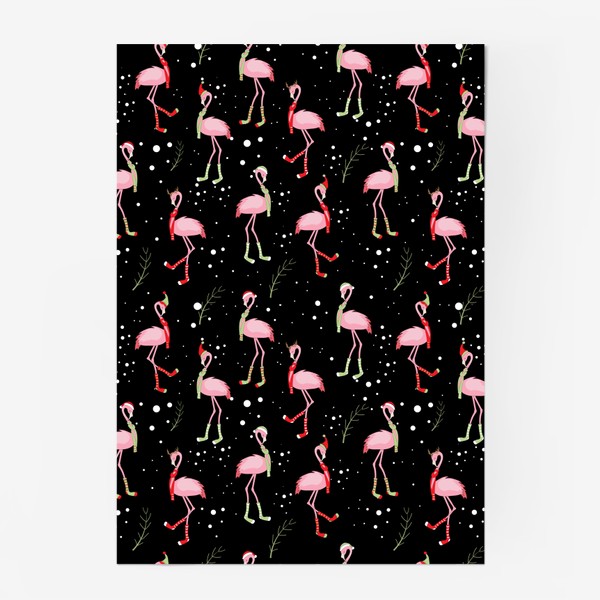 Постер «Новогодние розовые фламинго на черном фоне»