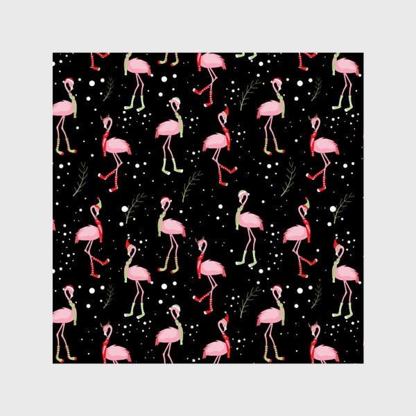 Шторы «Новогодние розовые фламинго на черном фоне»