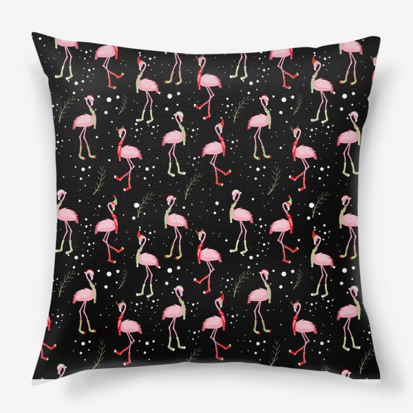 Подушка «Новогодние розовые фламинго на черном фоне»