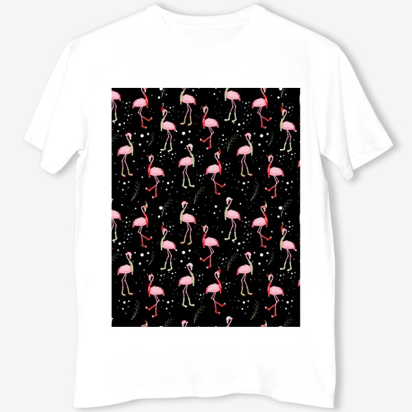 Футболка «Новогодние розовые фламинго на черном фоне»