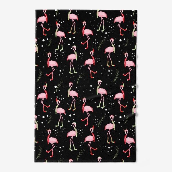 Полотенце «Новогодние розовые фламинго на черном фоне»