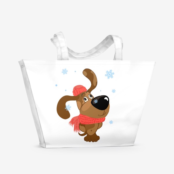 Пляжная сумка «Зимняя иллюстрация с собакой и снежинками»