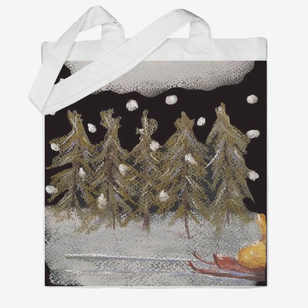 Сумка хб «Зимний лес Сани с подарком Новогоднее настроение Праздник Пастель»